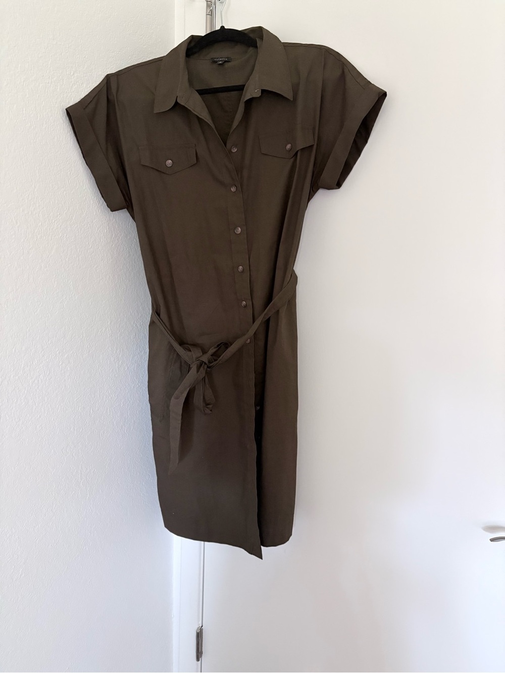 Talbots size 10 Dark Olive Button-Front Shirt Dress with Waist Tie
